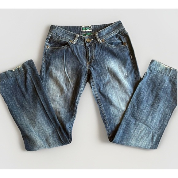 Wrangler Premium Patch Thick Stitch Western Rodeo Blue Denim Jeans Womens 5/6X34 - Picture 1 of 11